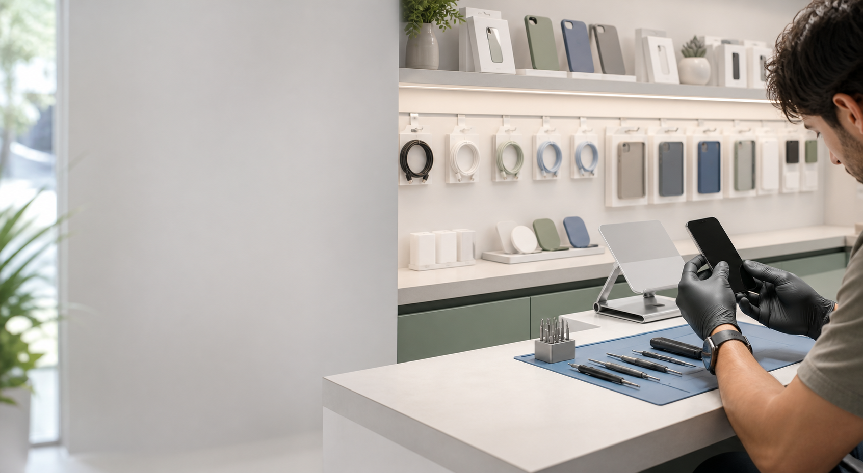 Técnico revisando un teléfono en el local de Apple Martínez